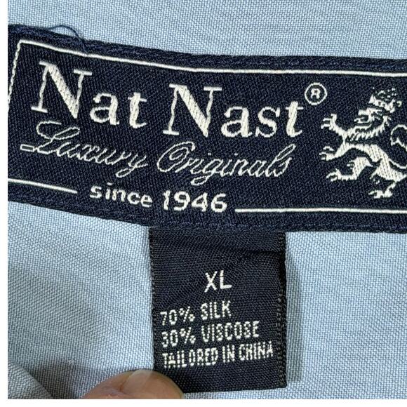 Nat Nast Men XL Blue 100% Silk Short Sleeve Button Front Camp Bowling Shirt - Picture 3 of 6